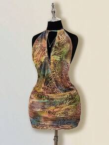 SHEIN ICON Đầm ngắn mùa hè dành cho nữ, kiểu bohemian, hở lưng, gợi cảm, thích hợp đi biển, dự tiệc, họa tiết da báo, cổ khoét sâu. - Nhiều màu - Xem 10