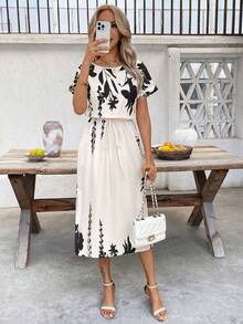 SHEIN Clasi Apricot Background Black Floral & Leaf Print Waist Cinched Split Hem Dress - Apricot - View 5