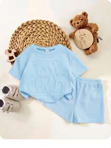 SHEIN Babygirl Cute 3D Cartoon Pattern Embossed Short Sleeve Top And Elastic Waist Shorts Set - Baby Blue - View 9