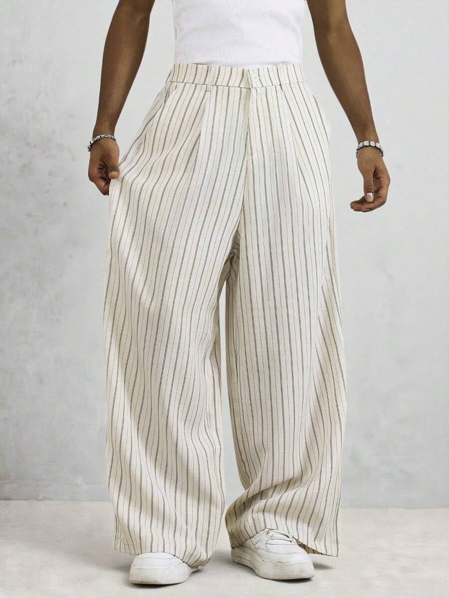 TOKVUE 男士条纹口袋阔腿宽松休闲裤，夏季款 - 米色 - 查看 1