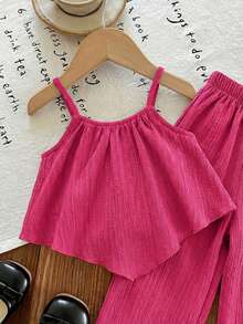 SHEIN LMoss Kids 2件套女婴纯色梭织吊带背心和裤子套装 - 玫紅色 - 查看 5