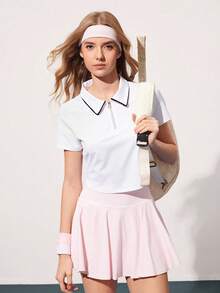 Áo Polo nữ tay ngắn màu trơn Courtclass - Áo thể thao phối màu cổ kéo khóa nửa thân, thích hợp cho tennis, golf, tập luyện, chạy bộ và thể dục. - trắng - Xem 6