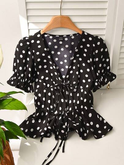 CosyJoli Women's Casual Vacation Polka Dot Tie Front Bowknot Short Sleeve Blouse, Black Base White Dot Summer Tops Summer Outfits For Women Festival Outfits For Women Beach Outfit For Women Elegant Women's Blouses Casual Blouses For Women Holiday Outfits For Women Country Style For Women Peplum Top Polka Dot Top Black Top