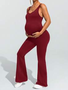 SHEIN Maternity Solid Color Sports Camisole Jumpsuit,Word Cup - Burgundy - View 4
