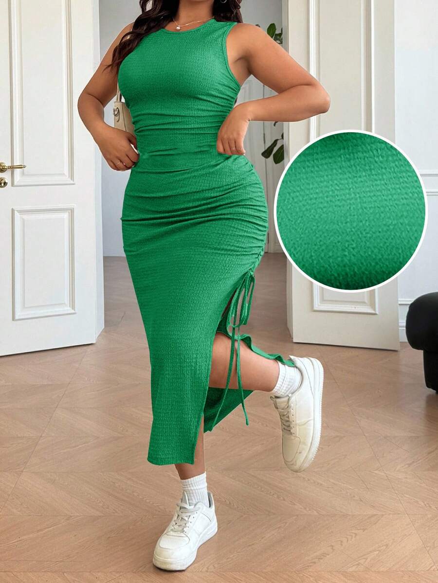Solflare EZwear 大码女式休闲绿色褶皱侧开衩连衣裙，带抽褶设计，适合婚礼宾客、度假、沙滩、节日、生日等场合。 - 綠色 - 查看 1