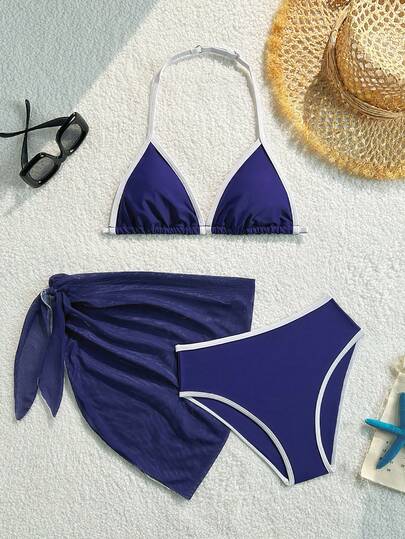 SHEIN Bộ bikini 3 mảnh dành cho thiếu nữ, màu xanh navy và trắng phối tương phản, chất liệu mềm mại, áo tam giác cổ yếm, chân váy lưới, phong cách thủy thủ tối giản, thích hợp cho bơi lội, bãi biển, hồ bơi, kỳ nghỉ hè.