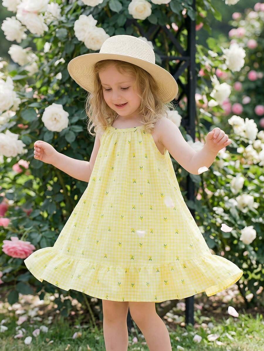SHEIN Đầm hai dây bằng vải dệt họa tiết kẻ caro chanh in kỹ thuật số dành cho bé gái, phối nhiều màu sắc, thích hợp mặc hàng ngày vào mùa hè, đi chơi, du lịch, nghỉ mát và các buổi tụ họp. - Màu vàng - Xem 1