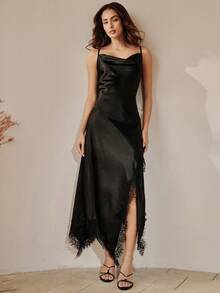 Anewsta French Luxury Lace Patchwork Satin Slip Dress, Asymmetrical Hem Fitted Dress With Elegant Lady Style - Black - View 1