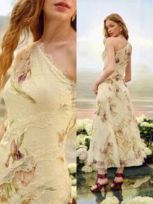 MOTF PREMIUM WOMEN'S SPRING/SUMMER FLORAL ROMANTIC ASYMMETRIC NECK MID-LENGTH DRESS - Multicolor - View 2