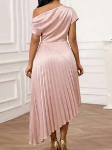 SHEIN Lady 大码印花V领荷叶边短袖度假/约会连衣裙 - 粉色 - 查看 2