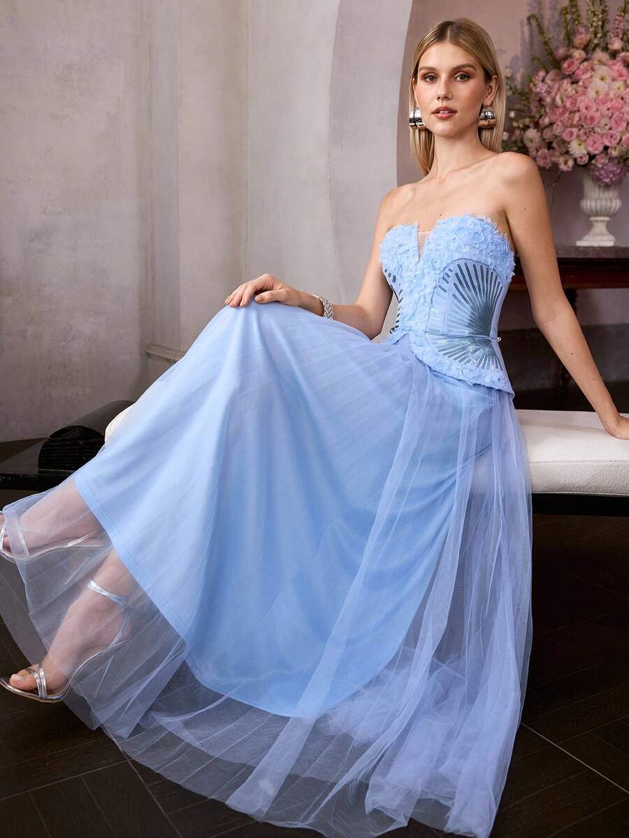 MOTF Soiréza Đầm chữ A xếp ly, thêu hạt cườm, phối lưới tương phản, dành cho nữ, thích hợp cho các dịp trang trọng. - Màu xanh lam - Xem 2