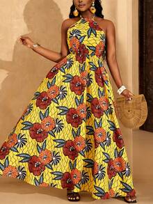 Lunelith SHEIN Lunessa Vacation & Date Ankara Floral Print Dress, Spaghetti Strap, Backless, Waist Cinched, Flowing Dress Women's Maxi Dress Vacation Outfits Women Dress Floral Print Sundress Women's Summer Dress Africa Dress African Print Dresses Halter Neck Dress Ankara Dress African African Outfit - Yellow - View 3