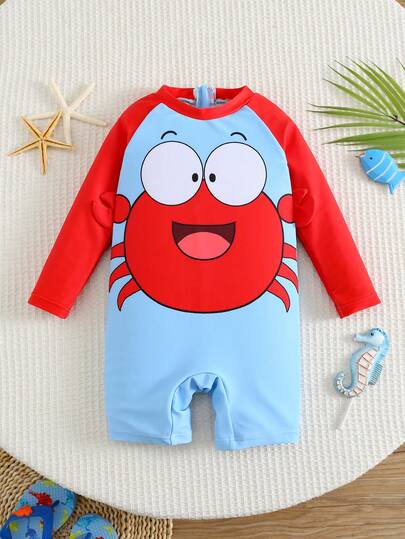 SHEIN Bộ đồ bơi dài tay chống nắng cho bé trai, họa tiết cua dễ thương, sọc xanh tương phản, thích hợp cho kỳ nghỉ, bãi biển, lướt sóng, đồ bơi dài tay cho bé trai.