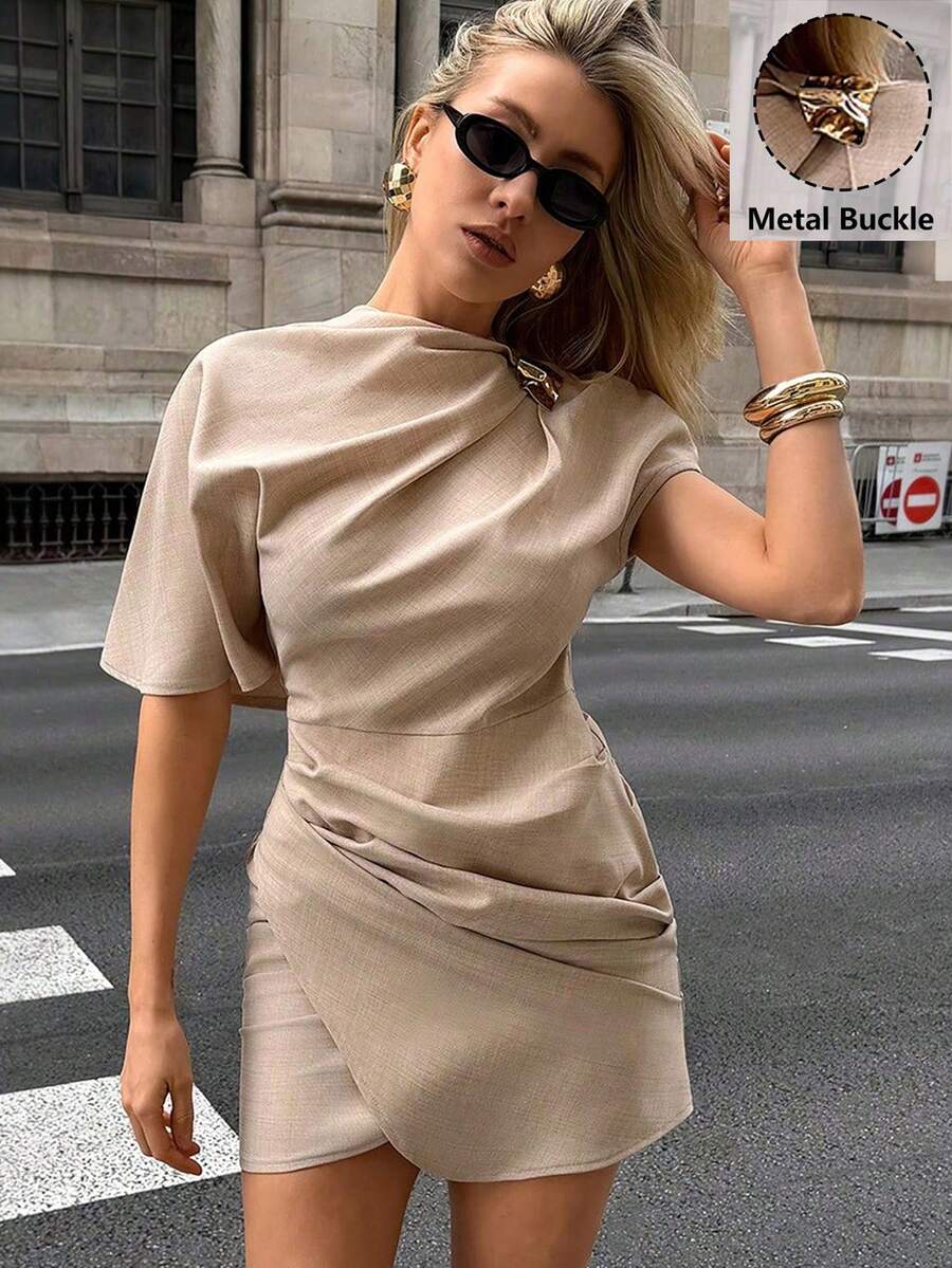 Siren Gaze Women's Khaki Draped Mini Dress,Metal Buckle Asymmetrical Wrap Bodycon Summer Dress,Elegant Office Casual Brunch Wear Chic Luxury Outfit