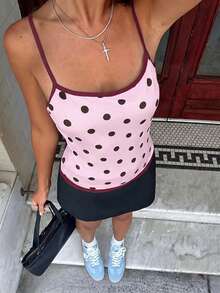 MainGRL Summer Polka Dot Print Contrast Trim Women Fitted Camisole Top, Cute Casual Suitable For Daily Wear Everyday Pink Polka Dot - Pink - View 4