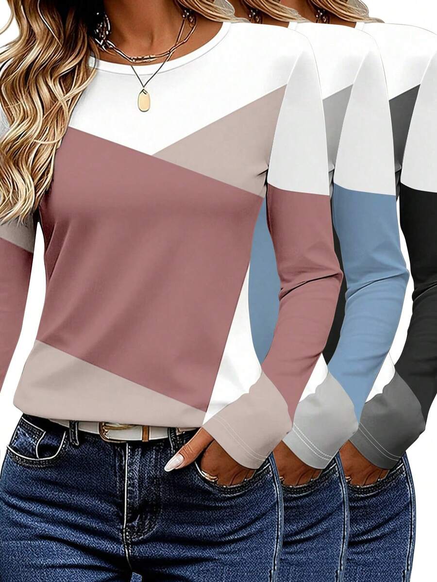 EMERY ROSE Set de 3 camisetas de manga larga para mujer, con diseño de bloqueo de color y estampado de patchwork, diseño de patrón clásico, versátil, adecuado para uso al aire libre, viajes y uso diario, cómodo - Multicolor - Ver 1