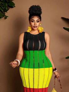 Maweii Plus Size Women Summer Sweater Dress,Boho Black Red Sommar Vacation,Sleeveless Round Neck Tassels Cutout Knitted Elegant Outwear Dress - Multicolor - View 3