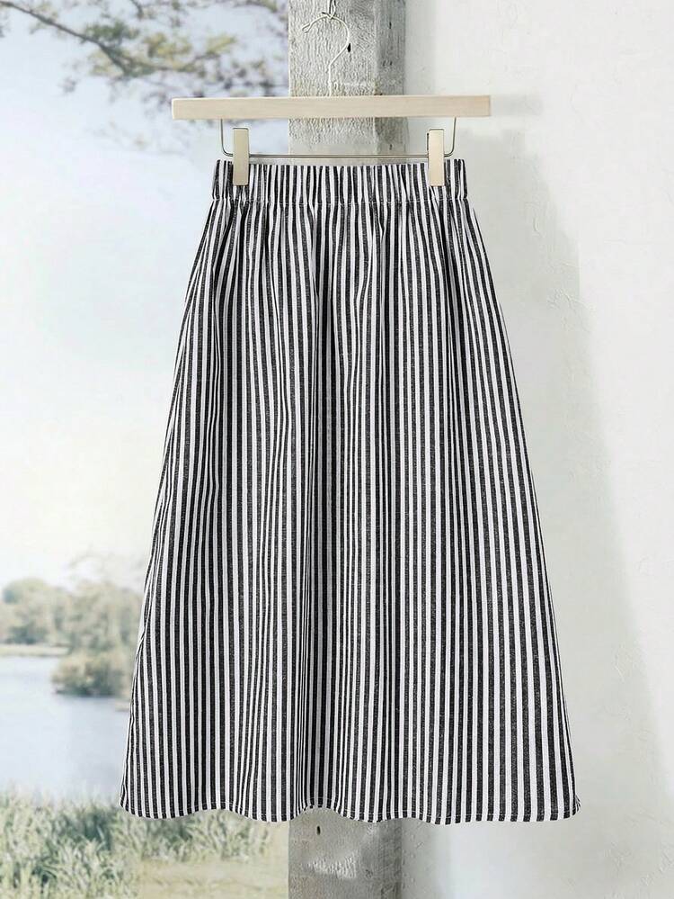 Plus Size Women Striped Elastic Waist Casual Skirt