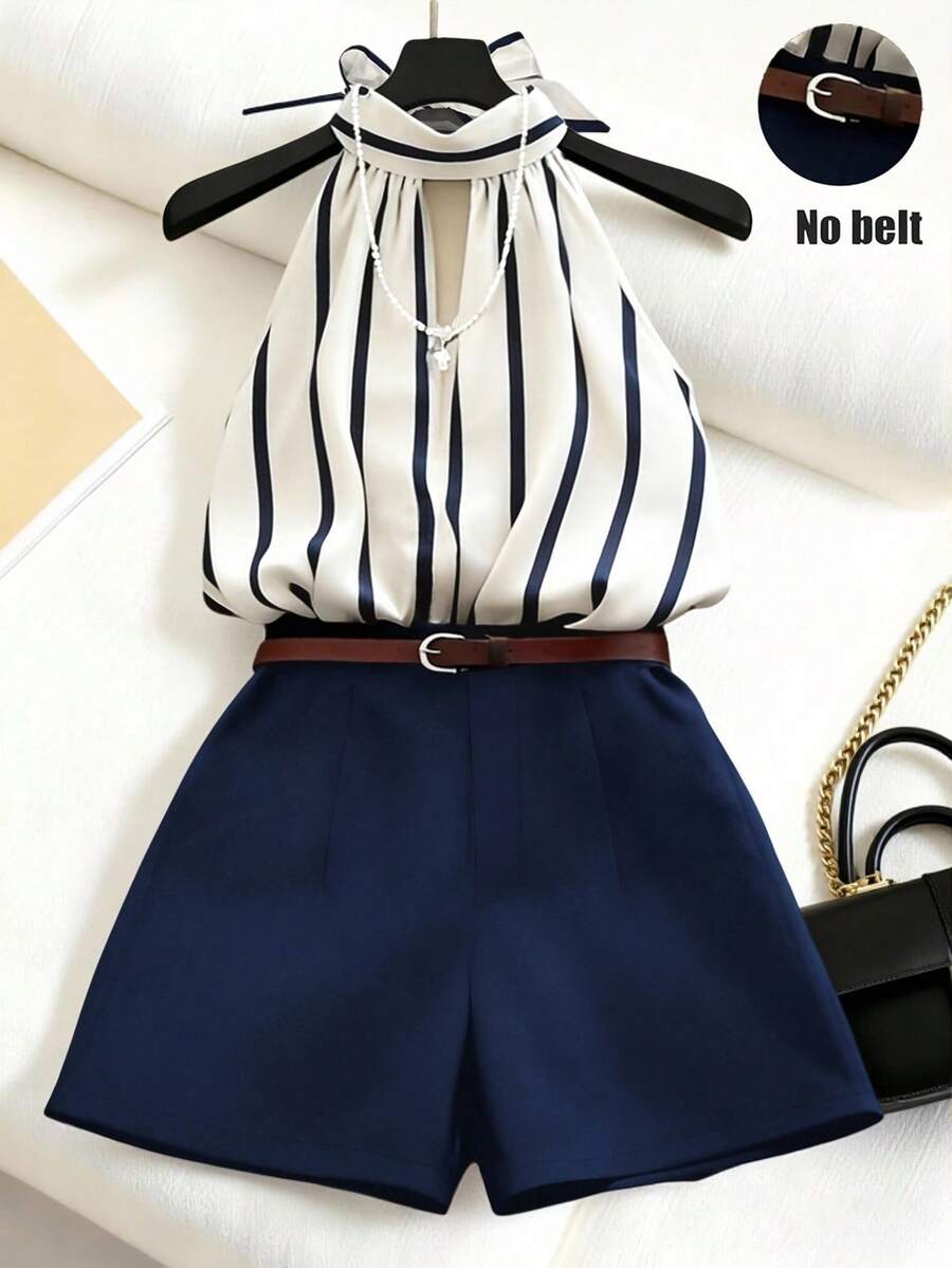 Airaco Top sin espalda con cuello de halter a rayas verticales azul y blanco + Pantalones cortos de pierna ancha azul marino, conjunto de 2 piezas para ir al trabajo - Azul Marino - Ver 1