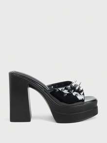 Sugerpunk Giày sandal cao gót hở mũi thời trang và gợi cảm dành cho nữ, phong cách punk pha chút gothic, bề mặt bóng loáng đính đinh tán, đế dày chống thấm nước, gót chunky, giày slip-on mùa xuân/hè dành cho các bữa tiệc đêm/lễ hội. - màu đen - Xem 1