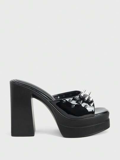 Sugerpunk 女士时尚性感露趾高跟凉鞋，朋克哥特式优雅，闪亮表面饰有铆钉、尖刺，厚实防水鞋底，粗跟，春夏夜店派对/节日女士套脚鞋。