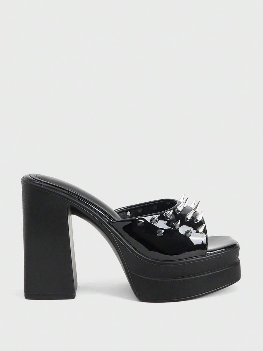 Sugerpunk Giày sandal cao gót hở mũi thời trang và gợi cảm dành cho nữ, phong cách punk pha chút gothic, bề mặt bóng loáng đính đinh tán, đế dày chống thấm nước, gót chunky, giày slip-on mùa xuân/hè dành cho các bữa tiệc đêm/lễ hội. - màu đen - Xem 1