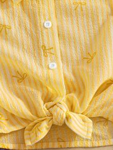 SHEIN Young Girl Woven Striped Bow Pattern Casual Shirt - Yellow - View 6
