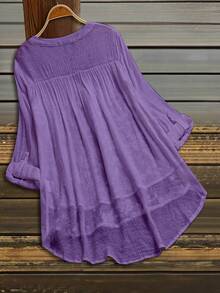 SHEIN LUNE CURVE Camisa de talla grande con cuello con muesca, unicolor y bordado floral - Púrpura malva - Ver 2