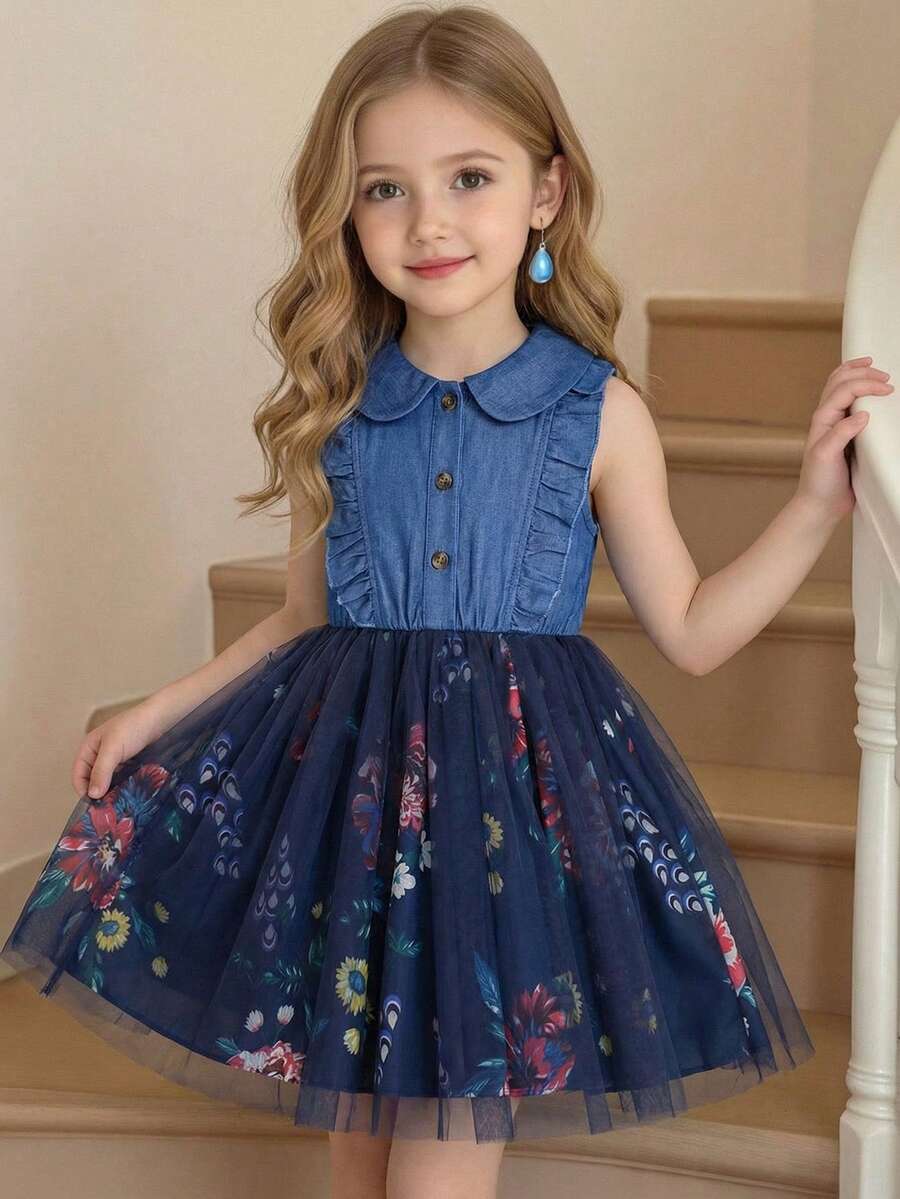 Genkimix Kids Đầm không tay cổ bẻ thời trang thanh lịch dành cho bé gái, chất liệu vải dệt lưới phối nhiều lớp, thích hợp cho các hoạt động thường ngày, dã ngoại hoặc kỳ nghỉ, thoải mái và phong cách cho mùa xuân và mùa hè. - Nhiều màu - Xem 1