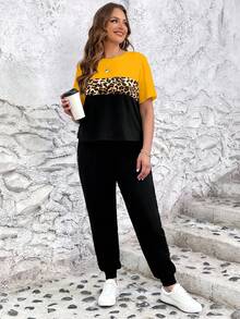 SHEIN LUNE Conjunto informal de 2 piezas de camiseta de manga corta y pantalones con estampado de leopardo y parches para mujer de talla grande - Multicolor - Ver 5