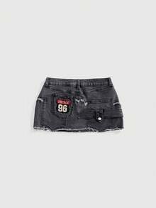 ROMWE Y2K Asymmetrical Distressed Sexy Denim Mini Skirt For Women - Dark Grey - View 3