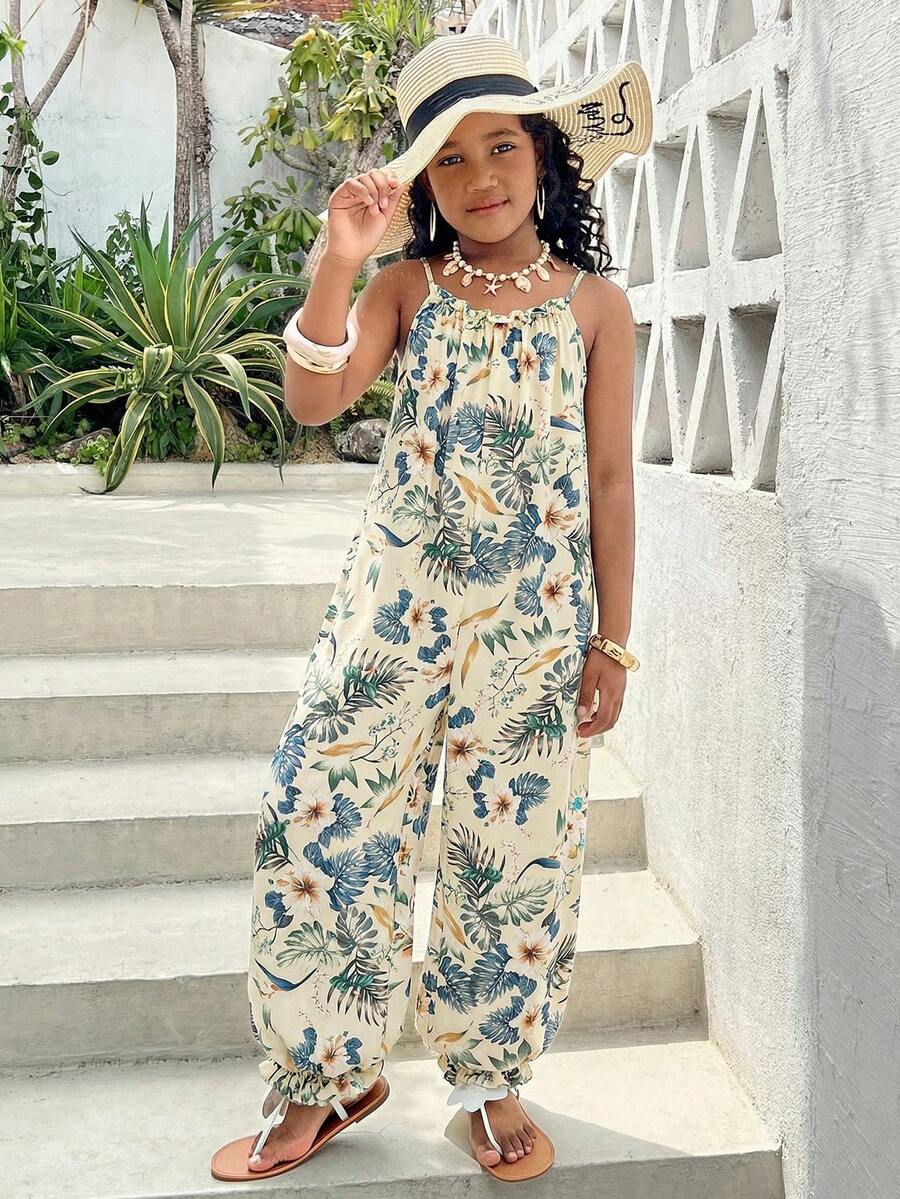 SHEIN 少女热带植物印花阔腿连体裤 - 彩色 - 查看 1