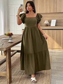 Đầm thanh lịch cổ vuông tay bèo màu trơn dành cho nữ cỡ lớn - xanh quân đội - Xem 6