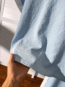 Bộ đồ thường ngày đa năng màu đen trắng phối hợp cho nữ tuổi teen, cổ tròn, áo thun không tay viền tương phản và quần ống rộng dệt kim. - Màu xanh nhạt - Xem 6