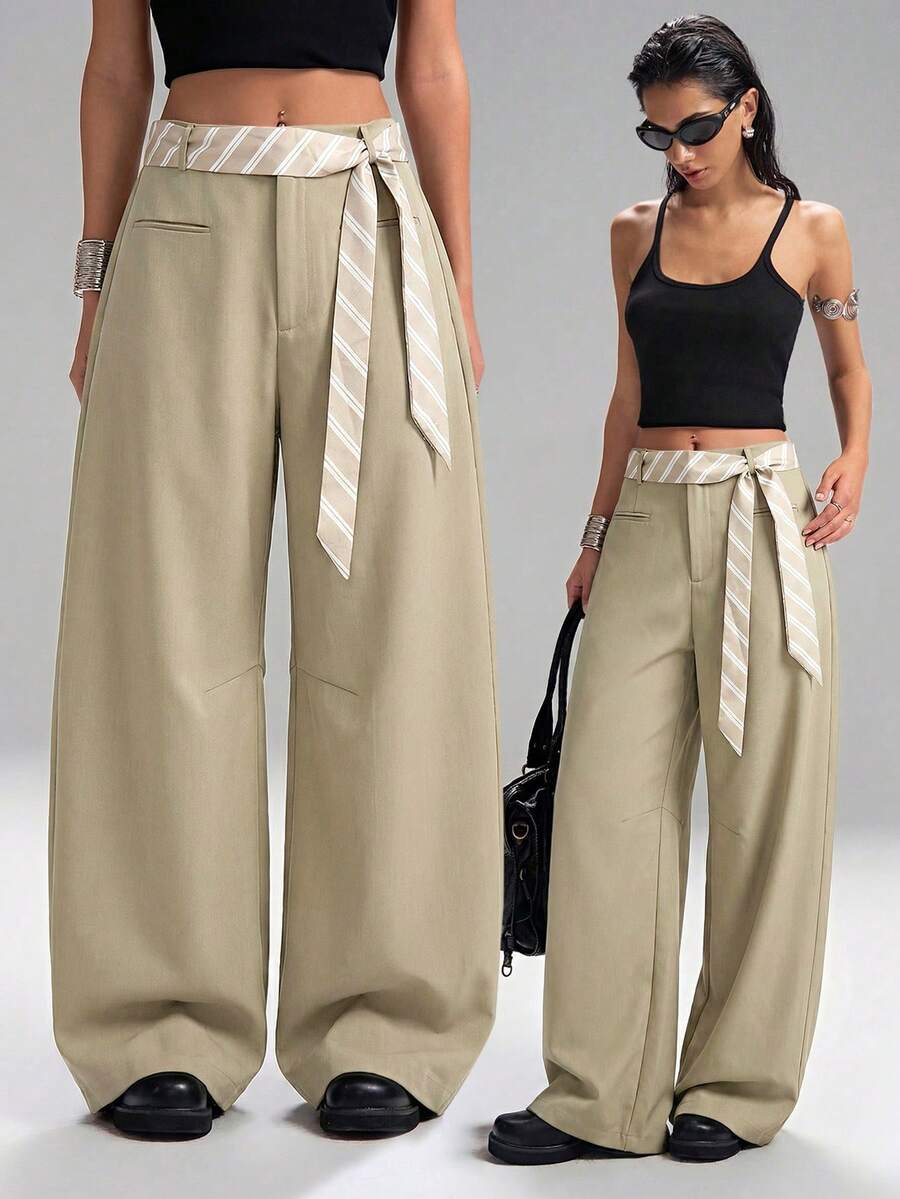 SHEIN EZwear Quần tây ống suông màu trơn, dáng rộng, thời trang, phù hợp cho nữ giới mùa thu/đông, thích hợp mặc đi làm. - Màu Khaki - Xem 1