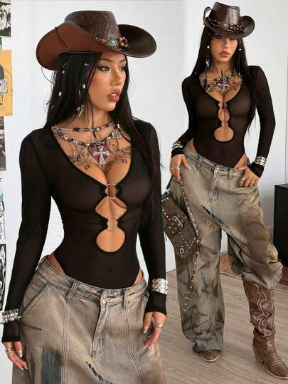 Coolane 女士秋季/四季街头风锐舞派对音乐节Y2K辣妹风镂空弹力长袖黑色连体裤