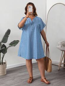 EMERY ROSE Mature Denim Đầm denim tay ngắn cổ chữ V dáng rộng dành cho nữ cỡ lớn - Rửa nhẹ - Xem 4