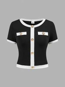 两件套少女休闲正式优雅返校套装，黑白撞色珍珠纽扣衬衫搭配直筒裤，法式时尚风，校服款式 - 黑色 - 查看 5