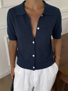 Livesso Women's Summer Polo Collar Short Sleeve Knit Top - Navy Blue - View 4