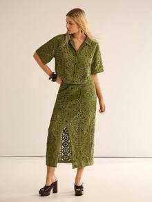 CielaLinda Áo len nữ màu xanh lá cây tay ngắn, kiểu áo blouse. - màu xanh lá - Xem 3