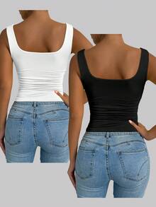 SHEIN Elenzya Áo tank top không tay cổ vuông cỡ lớn dành cho nữ, thích hợp cho mùa xuân/hè, đi nghỉ mát, áo tank top trắng cơ bản để đi chơi. - Nhiều màu - Xem 2