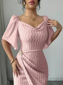 Modelyn 女士金属扣撞色荷叶边领花瓣袖修身优雅连衣裙，春夏款 - 淺粉色 - 查看 8