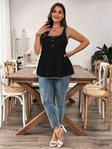 SHEIN LUNE 大码女士休闲无袖背心，黑色纯色，贝壳花刺绣，荷叶边下摆，适合母亲节和夏季度假穿着 - 黑色 - 查看 6