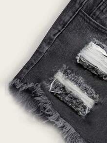 SHEIN Tall 女士毛边破洞牛仔短裤，带腰带环，时尚夏季款 - 藍色 - 查看 4