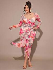 SHEIN BAE Vestido amarillo con volantes y pliegues para mujer talla grande, vestido para el Día de San Valentín - Multicolor - Ver 4