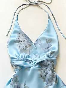 SHEIN Top elegante romántico retro con estampado floral y decoración de strass, cuello halter y corte en A para mujer - Azul - Ver 3