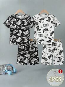 4 sztuki młodzieżowych chłopców minimalistyczny gamepad graficzny okrągły dekolt krótkie spodenki z krótkim rękawem obcisły komfortowy zestaw piżamowy - Czarne i Białe - Zobacz 2