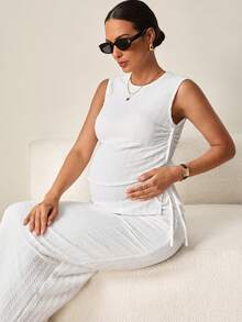 MaterniWear 2pcs Maternity Set: Solid Color Pleated Round Neck Top And Adjustable Waist Skirt, Casual Daily Wear - White - View 5