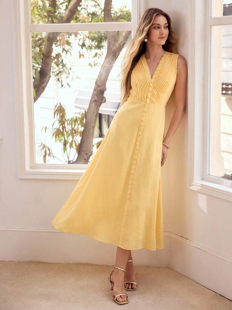 WOMEN'S 100% LINEN V-NECK SLEEVELESS MID-LENGTH DRESS, SUITABLE FOR DATES AND VACATIONS