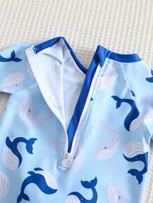 SHEIN Baby Boy/Girl Comfortable Cute Whale Print Striped Long Sleeve Cover Up Swimsuit, Suitable For Outdoor, Vacation, Swimming, Hot Spring, Beach Cover-Up, Spring/Summer Baby Swimwear Baby Beach Wear Toddler Swim Wear - Multicolor - View 7